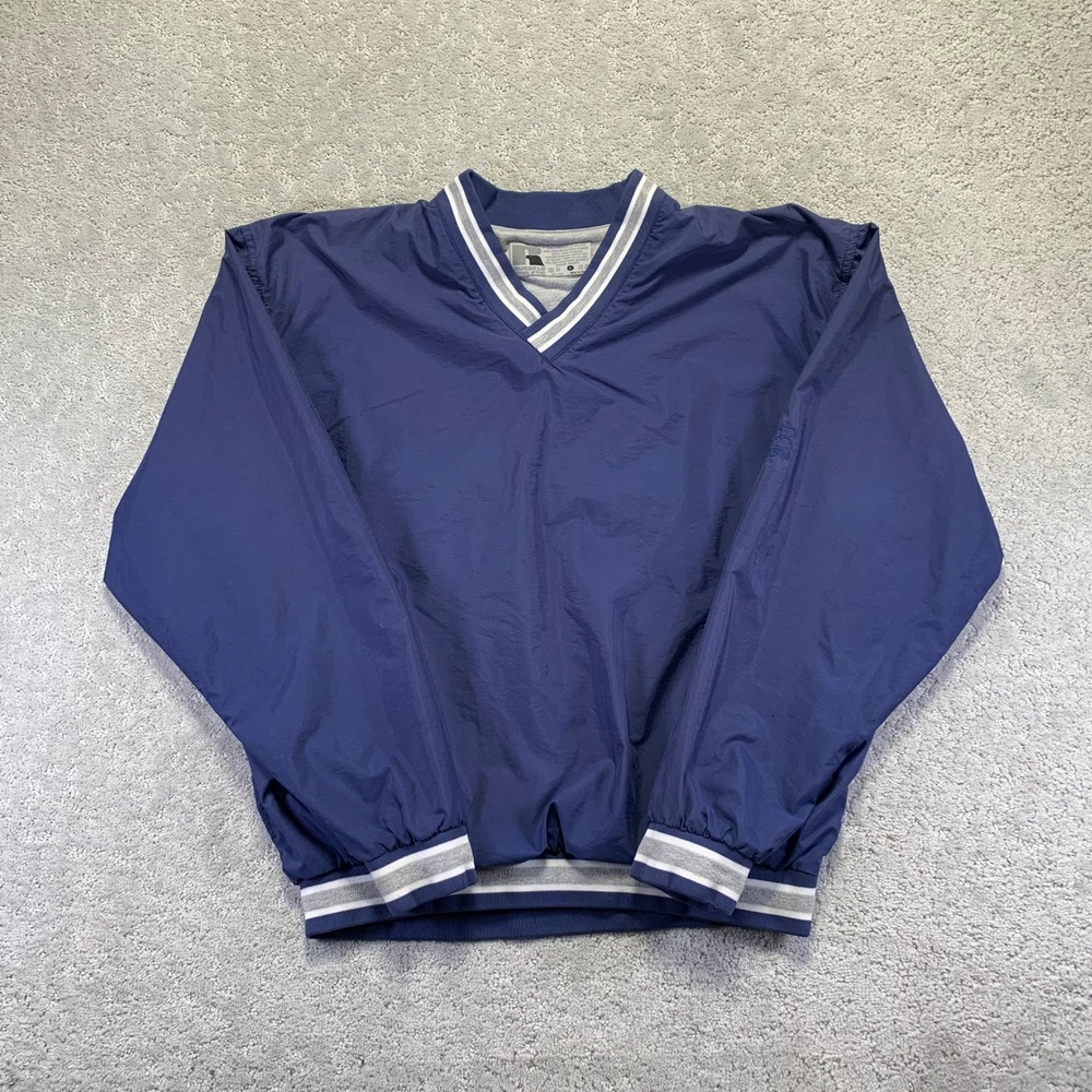 Vintage Russell Athletic Jacket Mens Large Navy Blue V-Neck Windbreaker Pullover